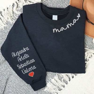 Personalized Embroidered Mama Sweatshirt with Kids Name on Sleeve Gift For Mom