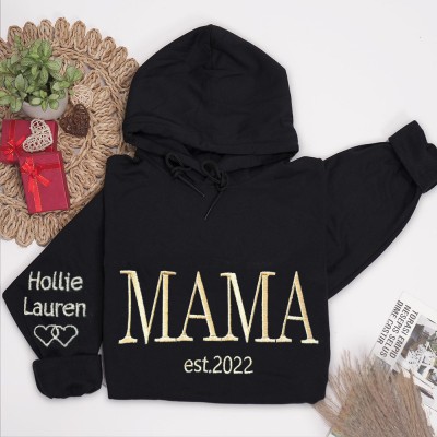 Personalized Embroidered Mom Hoodie with Kids Name on Sleeve Gift For Mom