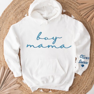 Personalized Embroidered Boy Mama Hoodie with Kids Name on Sleeve Gift For Mom