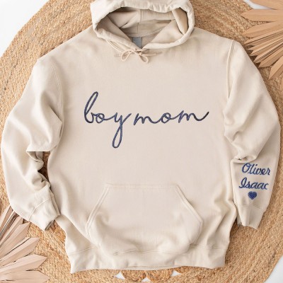 Personalized Embroidered Boy Mom Hoodie with Kids Name on Sleeve Gift For Mom
