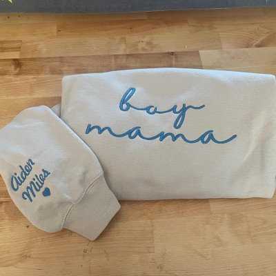 Personalized Embroidered Boy Mama Sweatshirt with Kids Name on Sleeve Gift For Mom