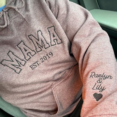 Personalized Embroidered Mama Hoodie with Kids Name on Sleeve Gift For Mom