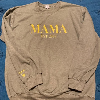 Personalized Embroidered Mama Sweatshirt with Kids Name on Sleeve Gift For Mom