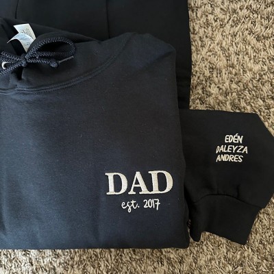 Personalized Embroidered Dad Hoodie with Kids Name on Sleeve Gift For Dad
