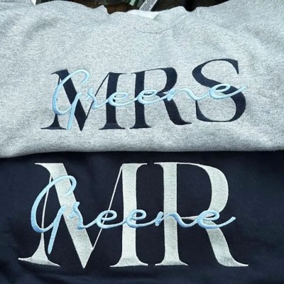 Personalized Mr Mrs Embroidered Sweatshirt With Date On Sleeve Matching Couples Outfit