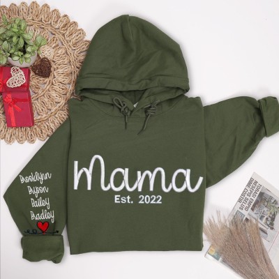 Personalized Embroidered Mom Hoodie with Kids Name on Sleeve Gift For Mom