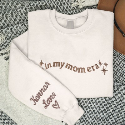 Personalized Embroidered In My Mom Era Sweatshirt with Kids Name on Sleeve Gift For Mom