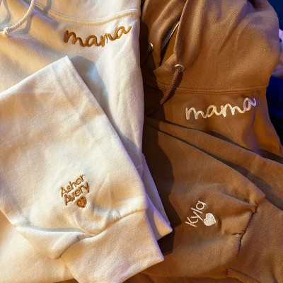 Personalized Embroidered Mama Hoodie with Kids Name on Sleeve Gift For Mom