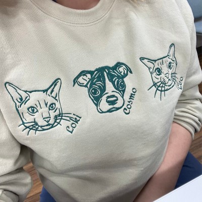 Personalized Embroidered Dog Cat Face Outline Portrait Sweatshirt Gift For Pet Lover