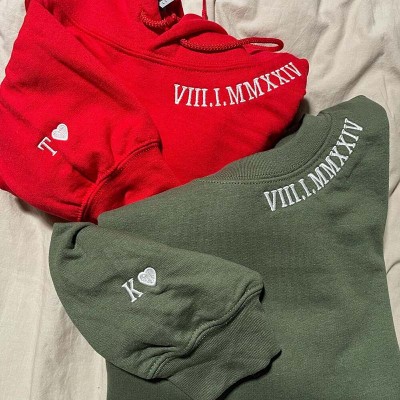 Personalized Embroidered Roman Numeral Date Hoodie Gifts for Couple