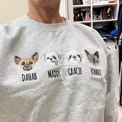 Personalized Embroidered Dog Cat Face Pet Portrait Sweatshirt Gift For Pet Lover