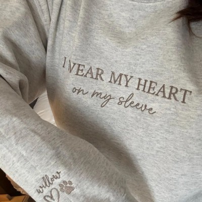Personalized Embroidered I Wear My Heart On My Sleeve Sweatshirt with Kids Name Gift For Mom