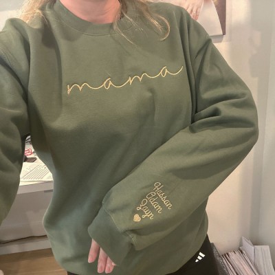 Personalized Embroidered Mama Sweatshirt with Kids Name on Sleeve Gift For Mom